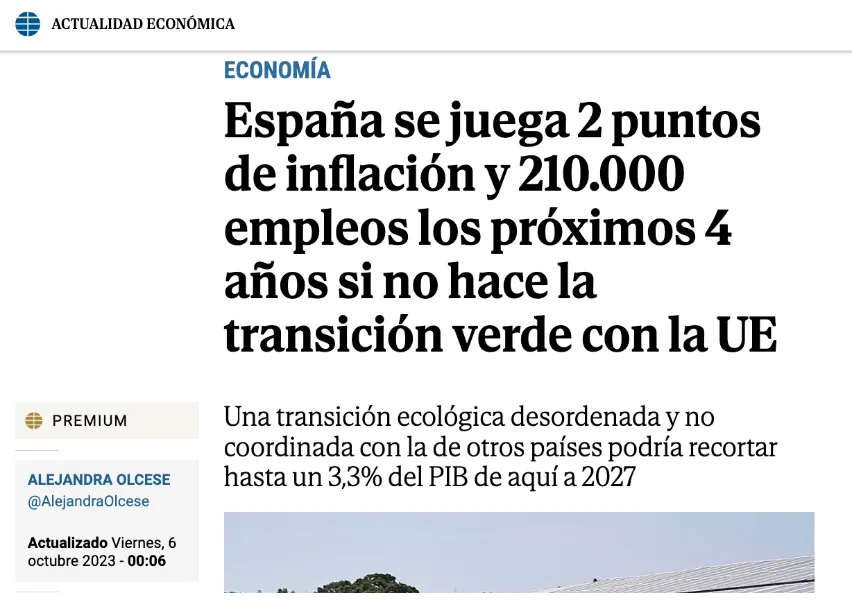 El Mundo: España se juega 2 puntos de inflación y 210.000 empleos los próximos 4 años si no hace la transición verde con la UE