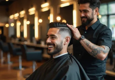 Barber styling client with long hair – modern men’s grooming in an open and friendly barbershop environment