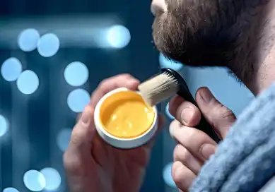 Beard balm being applied to a man's beard, offering nourishment and styling benefits