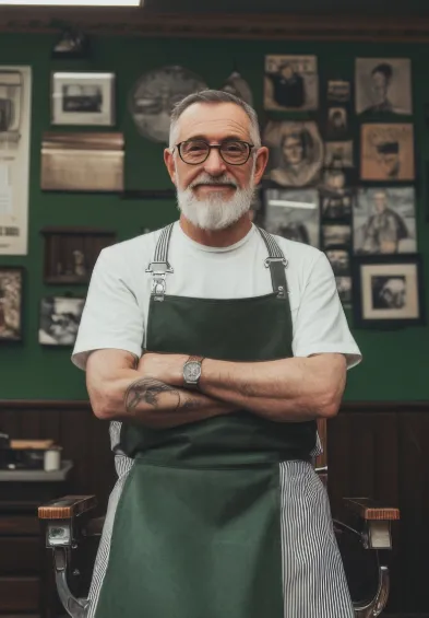 Erfahrener Barbier in traditionellem Barbershop – Sinnbild für Handwerk, Vertrauen und langjährige Pflegekultur