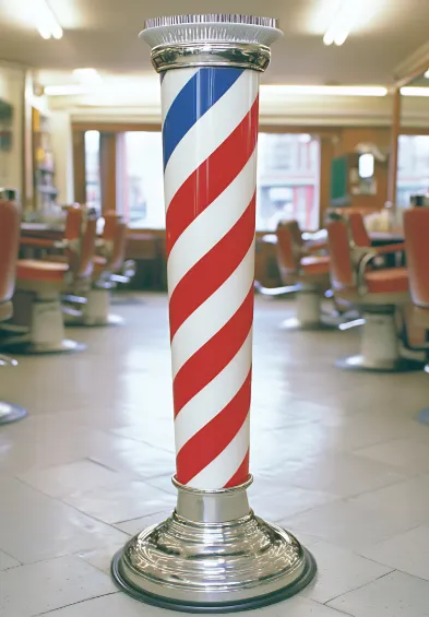 Traditional barber pole inside a vintage barbershop – visual link between grooming and surgical history