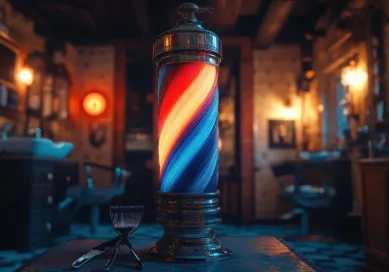 Barber pole with red, white, and blue stripes – iconic symbol of historical barber-surgeon traditions