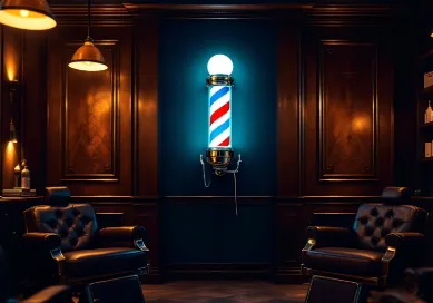 Barber pole in a modern masculine lounge – combining historical tradition with contemporary style