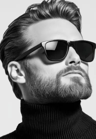 Man with a polished look, sporting a beard and stylish sunglasses, exuding confidence