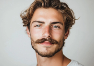 Close-up of a man with a neat hairstyle and mustache, giving a relaxed and fashionable vibe