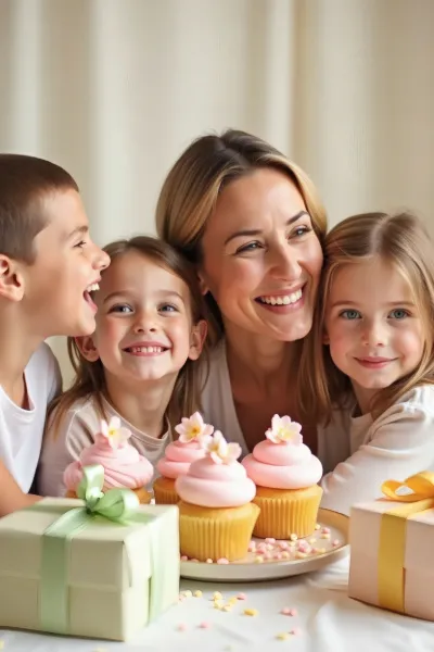 Eine Mutter mit drei fröhlichen Kindern beim gemeinsamen Brunch in Frankfurt. Auf dem Tisch: liebevoll dekorierte Cupcakes und Geschenke. Familienbrunch in Frankfurt – Mutter bruncht mit glücklichen Kindern und Cupcakes