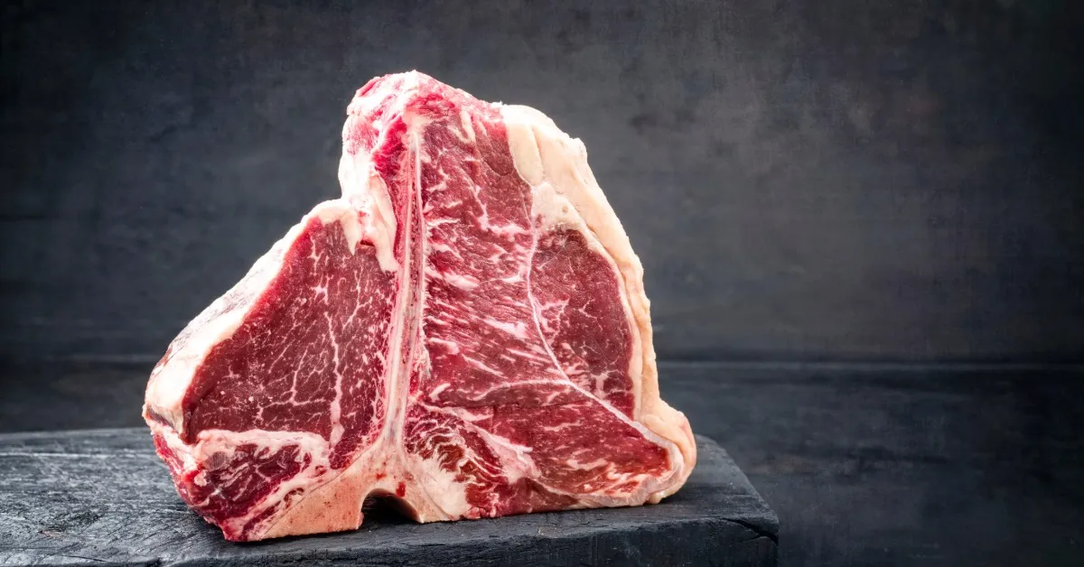 Rohes Porterhouse Steak mit charakteristischem T-Knochen, deutlich getrennten Filet- und Rumpsteak-Anteilen – ideal zur Veranschaulichung des Cuts Rohes Porterhouse Steak mit typischem T-Knochen – Filet- und Roastbeef-Anteil klar erkennbar
