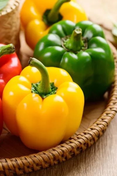 Rote, gelbe und grüne Paprika frisch auf Holzfläche