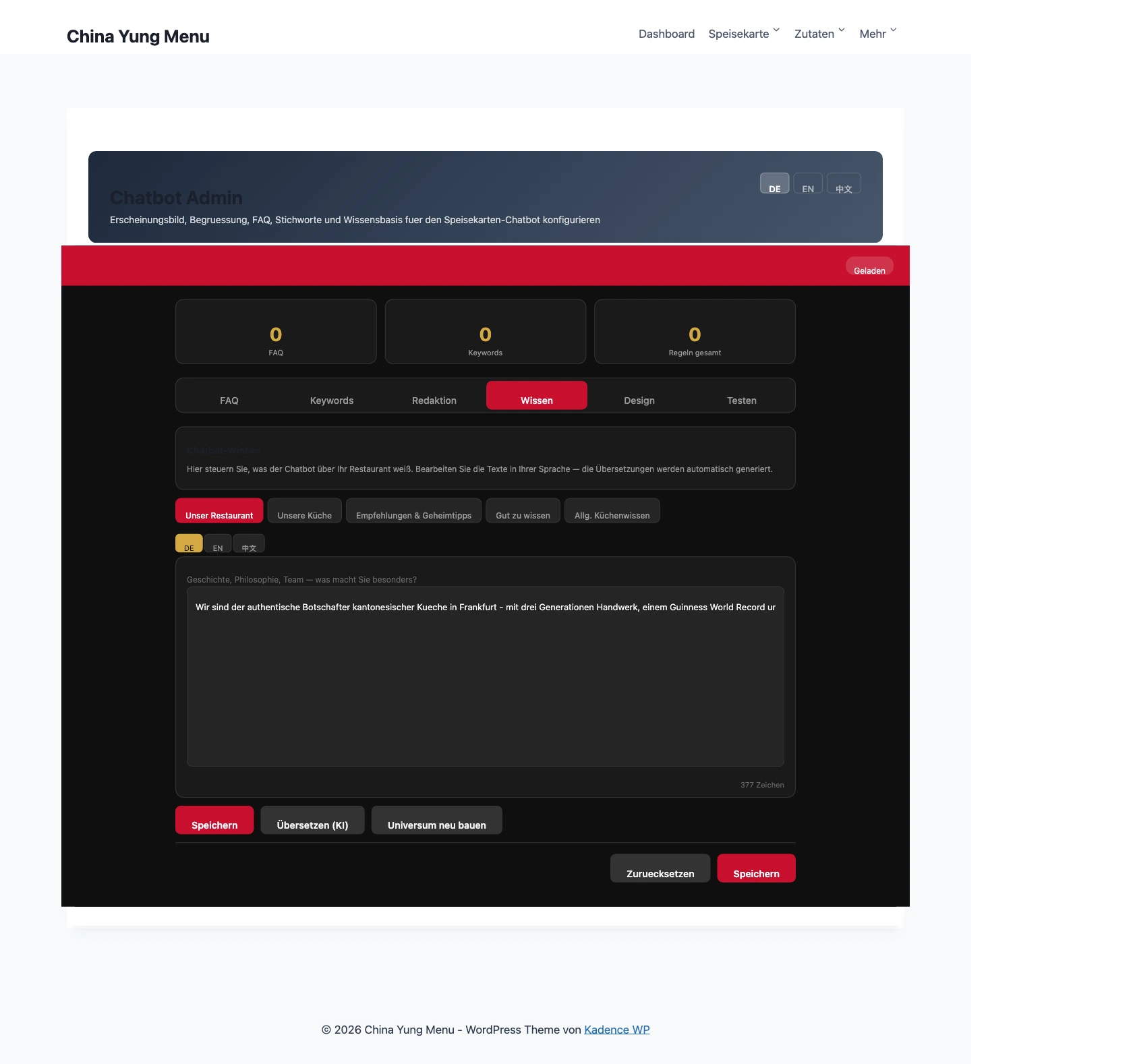 Chatbot Knowledge tab – Edit five knowledge sections, translate and rebuild universe