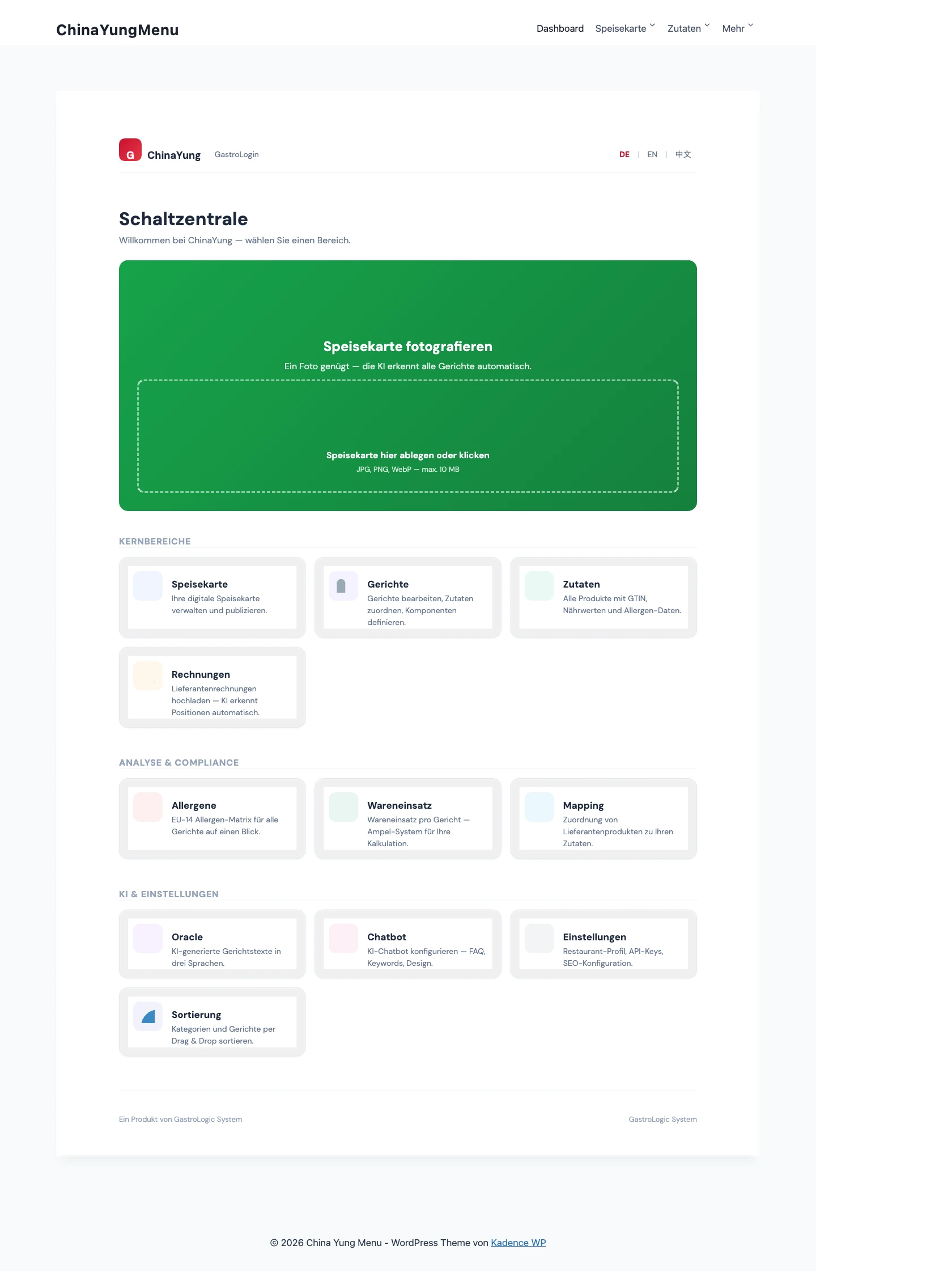 ChinaYung Dashboard – Overview showing ingredient progress, allergen status and menu status