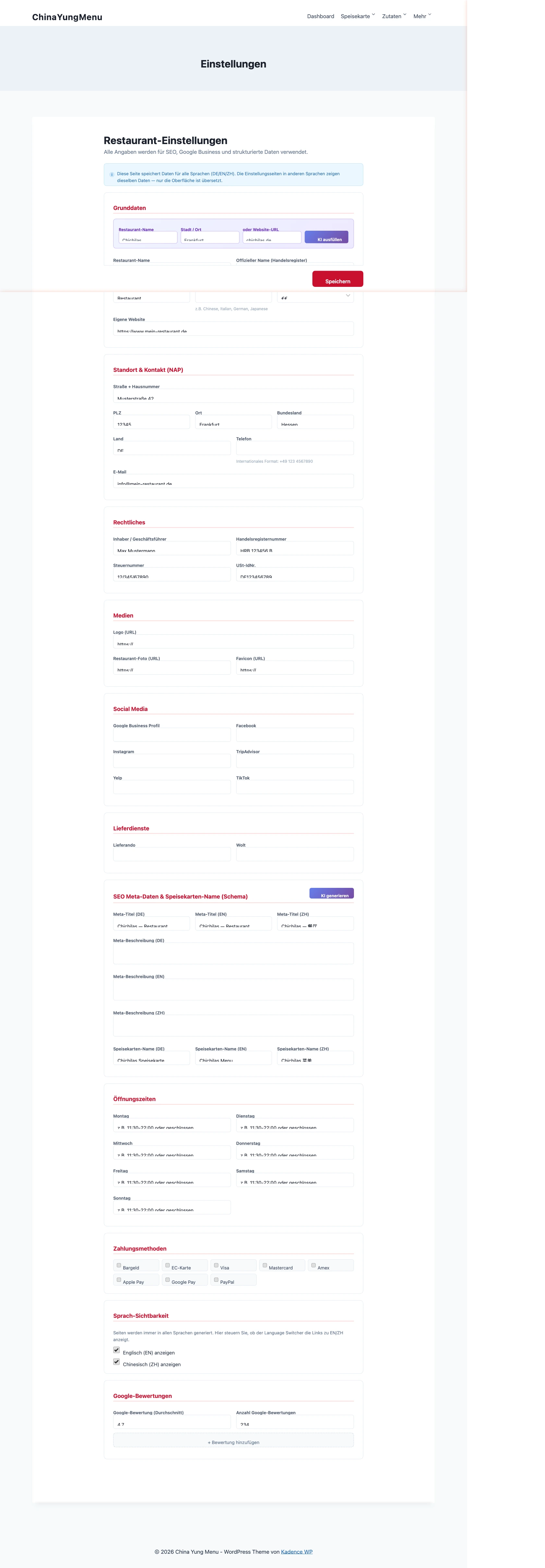 General settings – Restaurant name, contact details, cuisine type and notifications