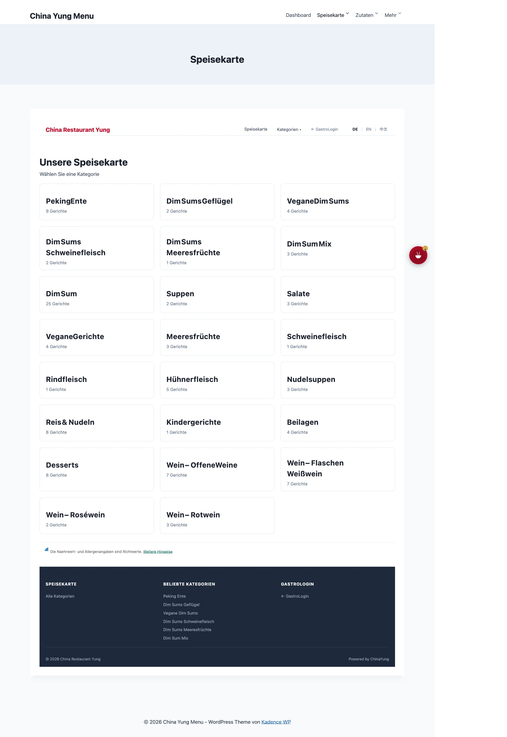 Public menu page – Guest view with categories, allergen icons and chatbot button