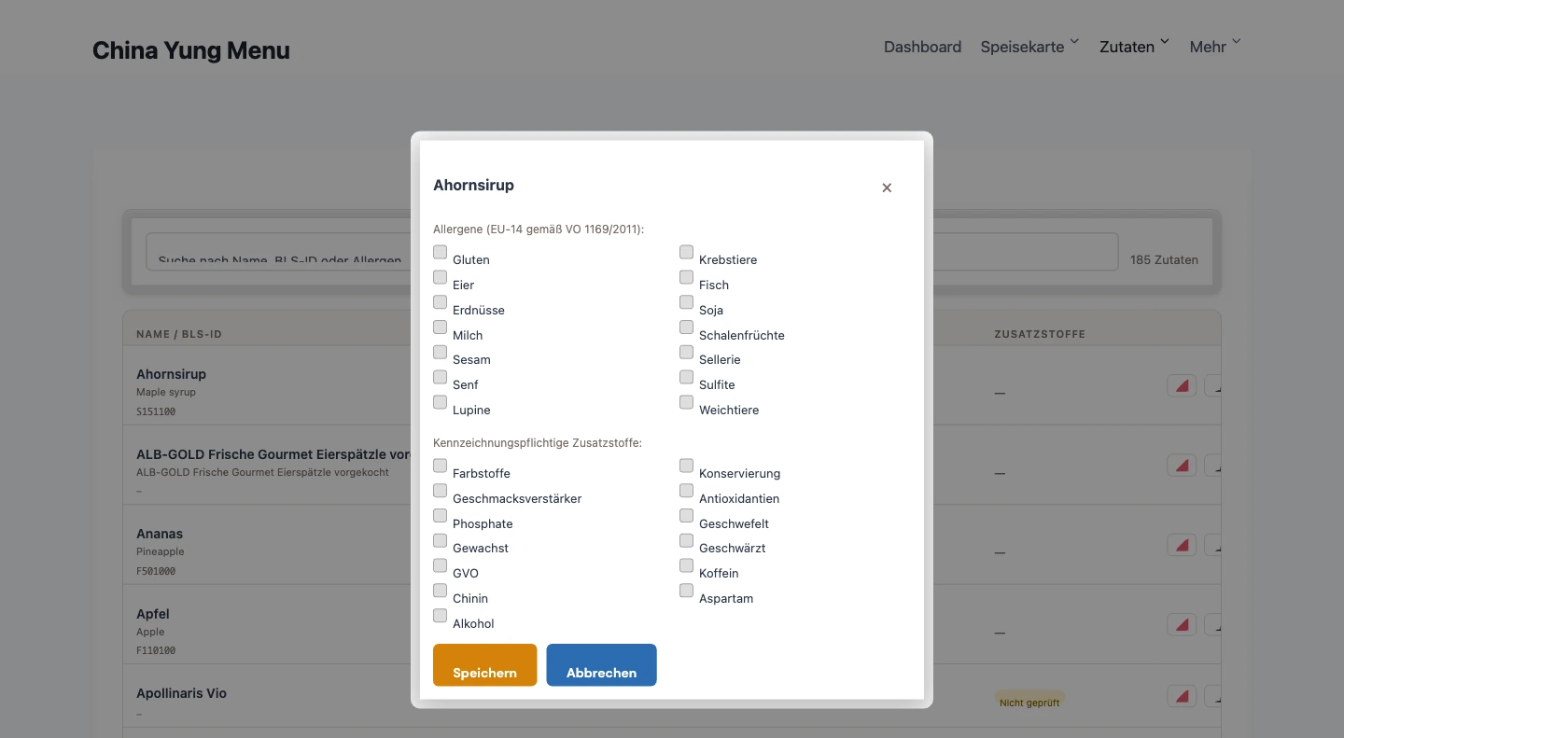 Ingredient detail view – Nutrition values, data source, verification status and allergen information