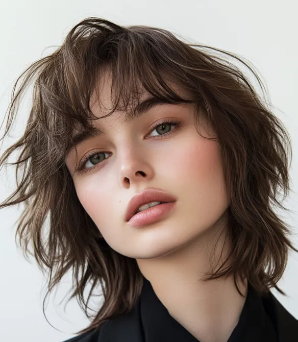 Frau mit Curtain Bangs Frisur – moderner Ponytrend 2025 mit sanftem Stufenschnitt