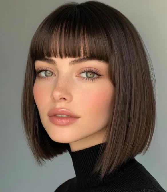 Frau mit klassischem Blunt Bob 2025 – kinnlanger, gerader Schnitt mit Pony und strukturierter Silhouette
