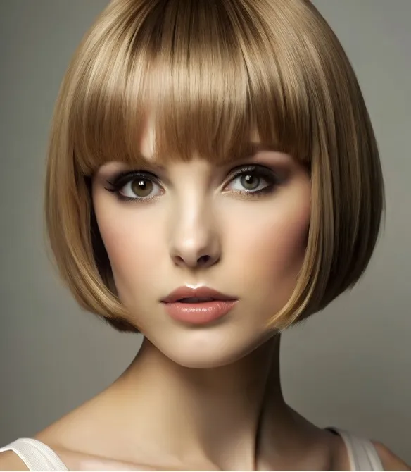 Blondhaarige Frau mit klassischem Blunt Bob und Pony – präzise gestylt im Sleek Look mit Mittelscheitel