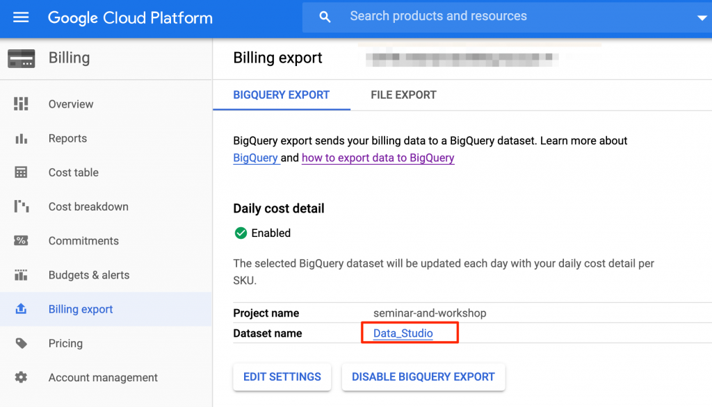 GCP帳單匯出到BigQuery的確認畫面