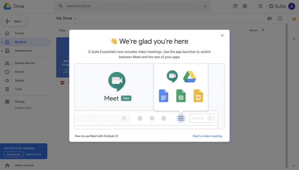 G Suite Essentials除了最近Google 力推的Meet 之外，還有Google Drive、文件、簡報和試算表等功能