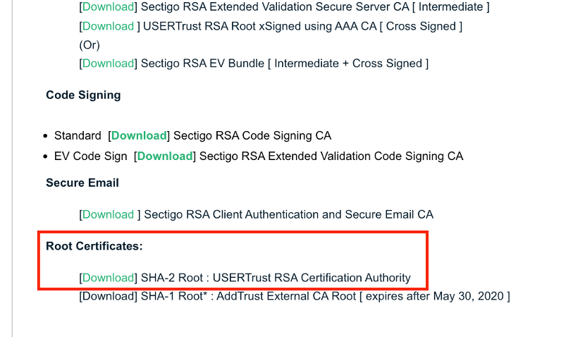 USERTrust Root Certificates下載處