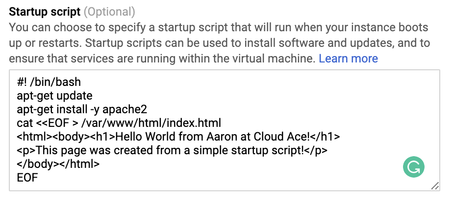 Startup script 自動裝好apache，並且寫一張網頁