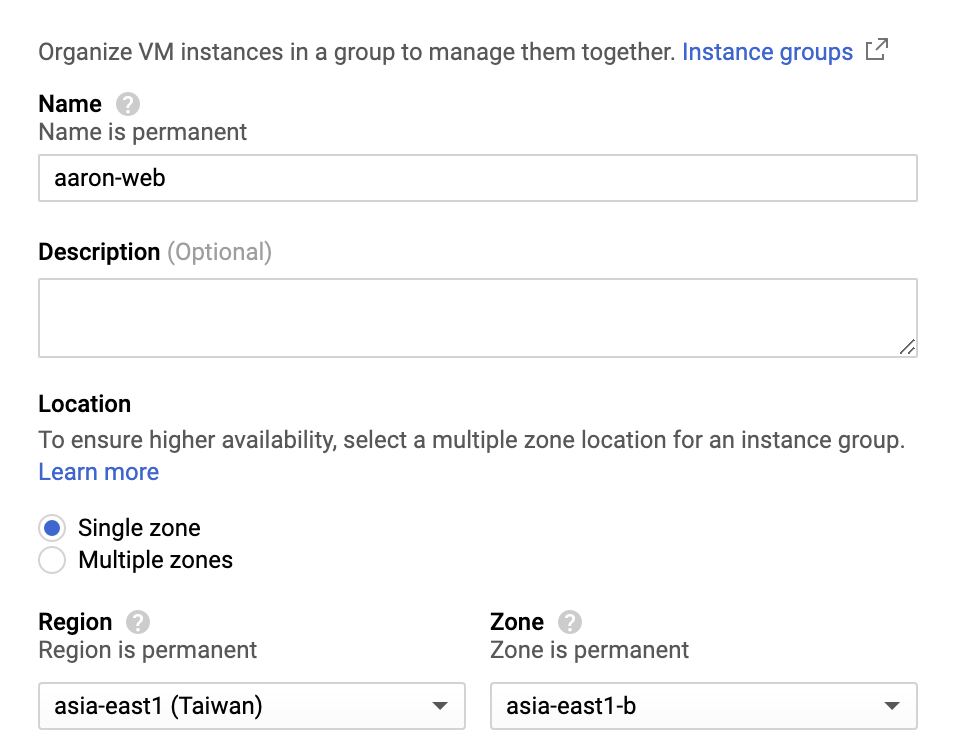 instance group 命名，設定 Zone