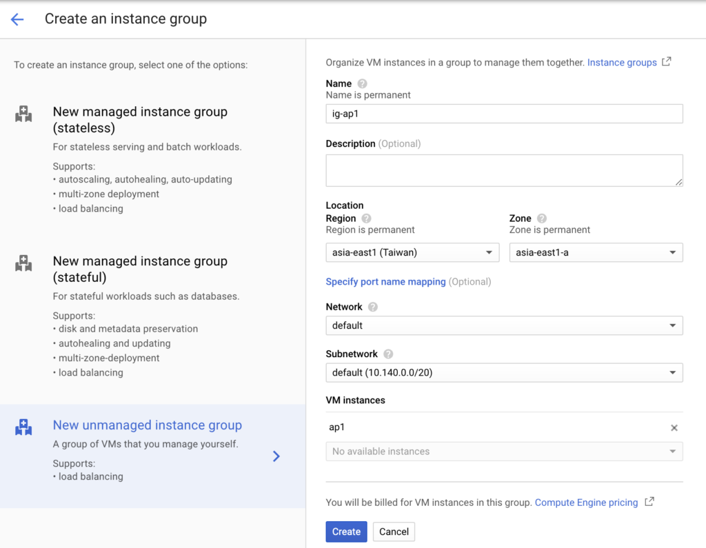 接下來我們要把VM建成 Unmanaged Instance Group