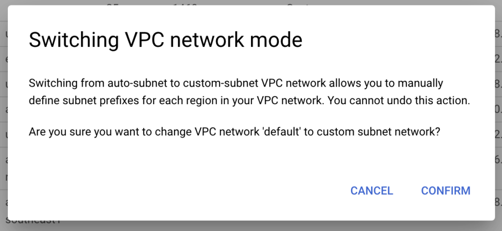 轉換VPC Network前的警告