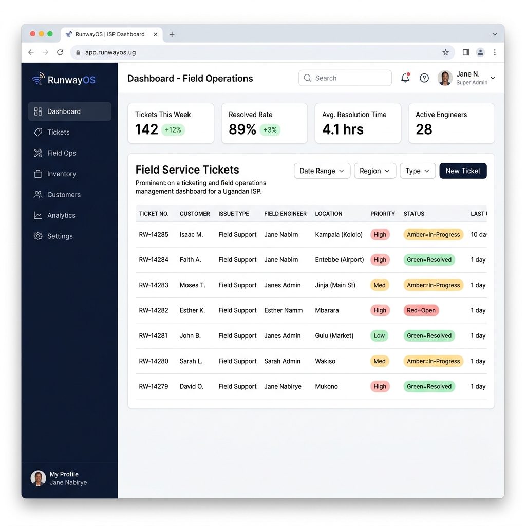 RunwayOS — Field Operations Ticketing Dashboard for Runway Networks Uganda
