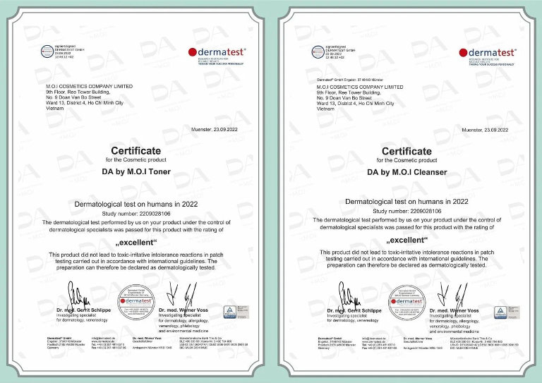 European Dermatology Institute Certification The certification for the DA by M.O.I brand with the highest quality assessment [Excellent] from the Dermatest Dermatology Institute.