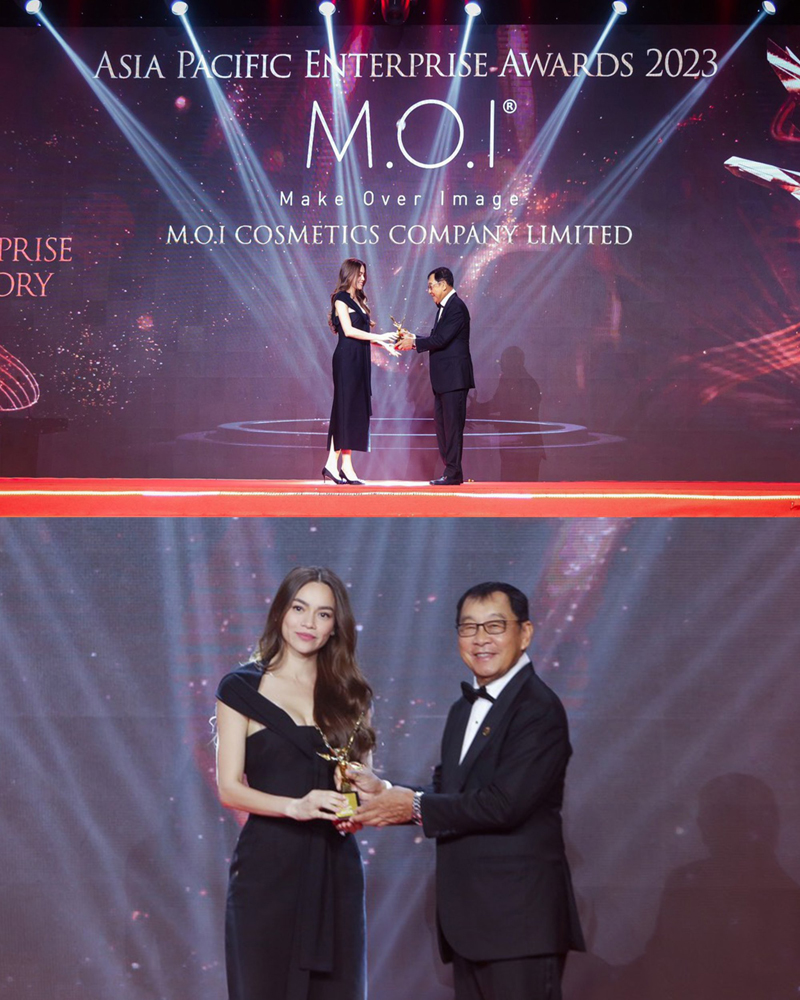 Nhà sáng lập - Giám đốc sáng tạo M.O.I Cosmetics ca sĩ Hồ Ngọc Hà nhận giải “Fast Enterprise Award - Doanh nghiệp tăng trưởng nhanh”. 