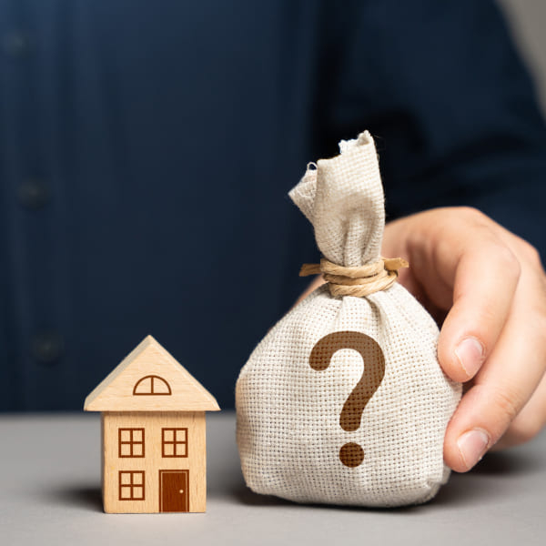 A man holds a bag featuring a house and a question mark, symbolizing inquiries in real estate investment.