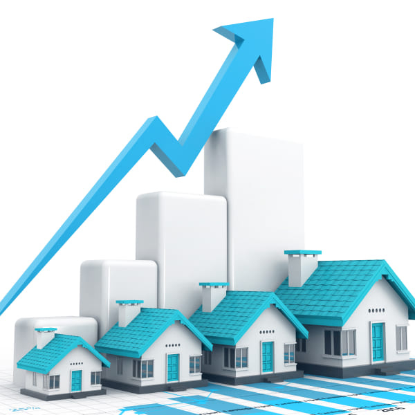 A house illustration featuring a graph and an upward arrow, symbolizing growth in real estate investment.