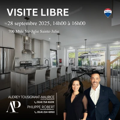 Visite libre au 700 Mtée Ste-Julie le 28 septembre 2025 de 14h à 16h avec Philippe Robert, Courtier Immobilier Résidentiel
