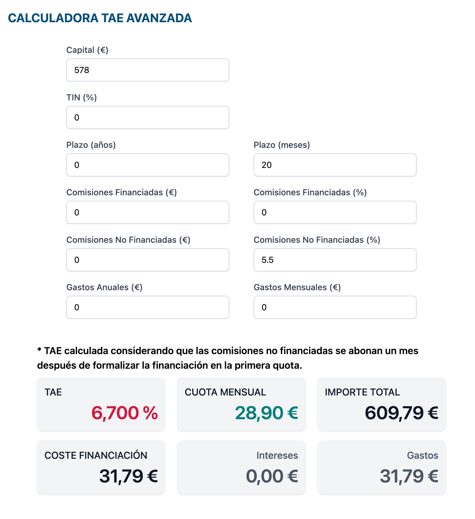 Cálculo TAE para crédito Cetelem 0% TIN y 6,70% TAE
