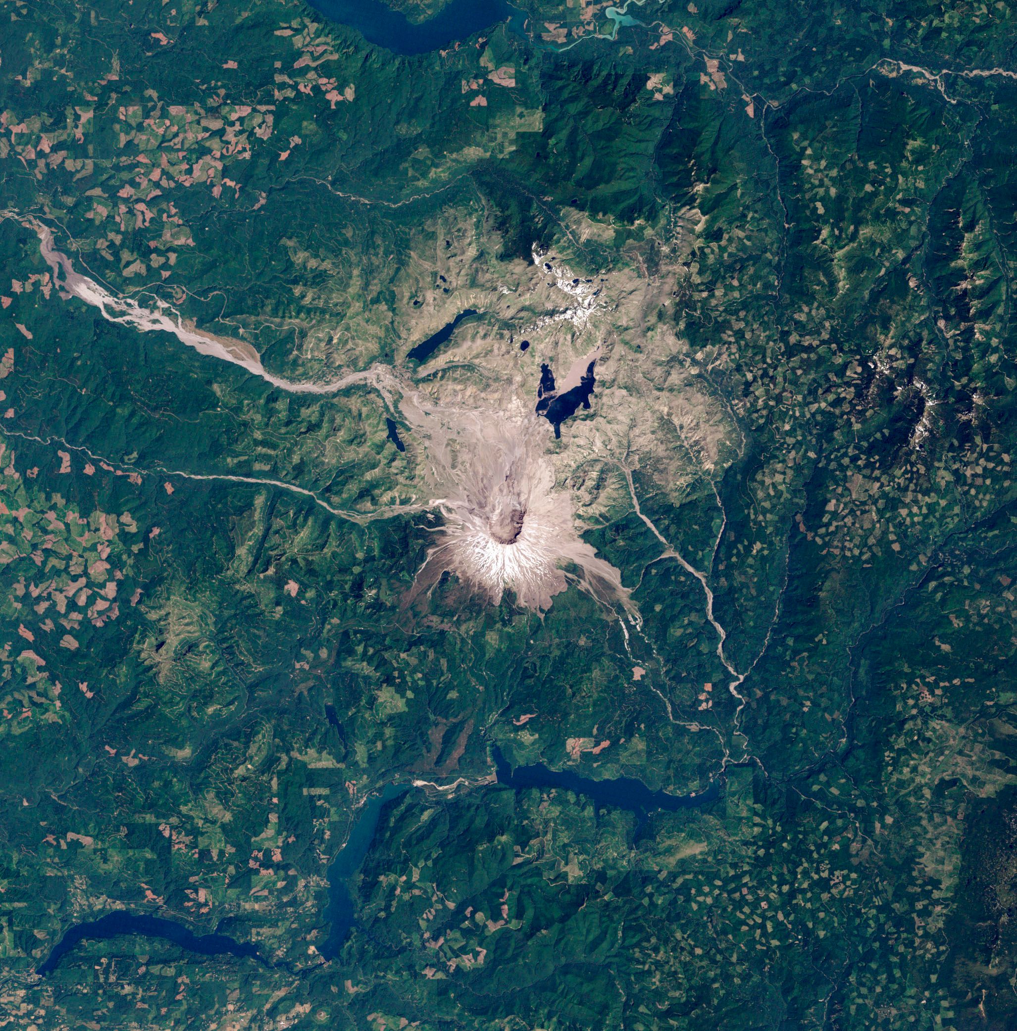 Der Krater des Mount St. Helens ist weiß. Er liegt mittig in der Satelliten-Aufnahme, die größtenteils eine grüne Landschaft zeigt.