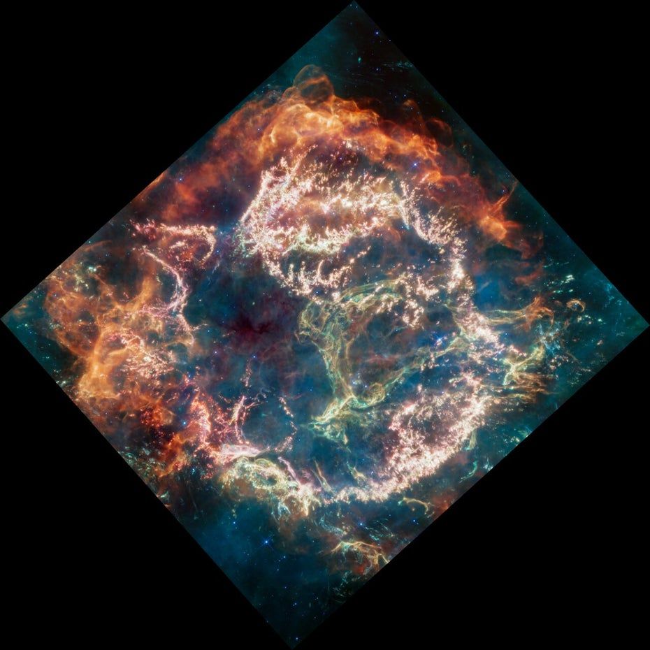 Vom James Webb Teleskop aufgenommener Supernova-Überrest Cassiopeia A.