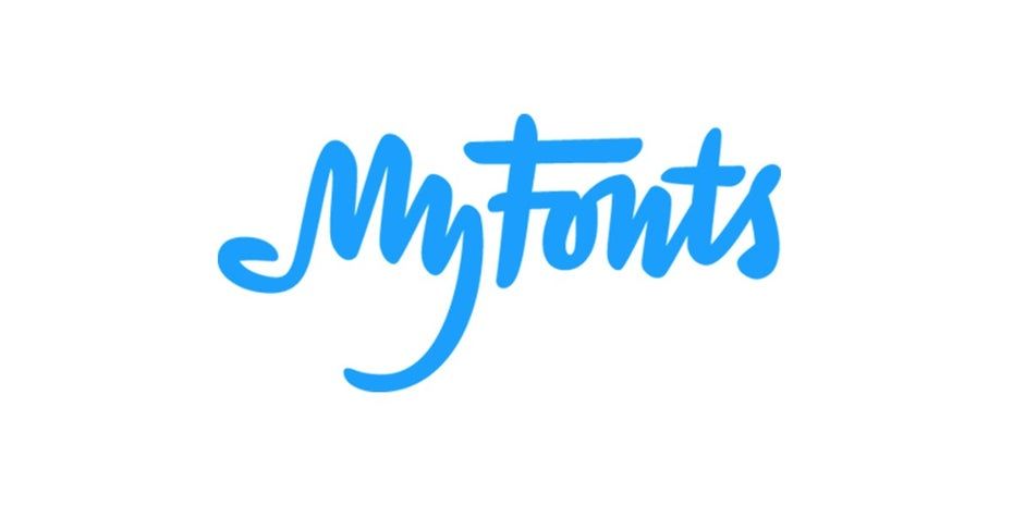 Das blaue MyFonts-Logo vor einem weißen Hintergrund.
