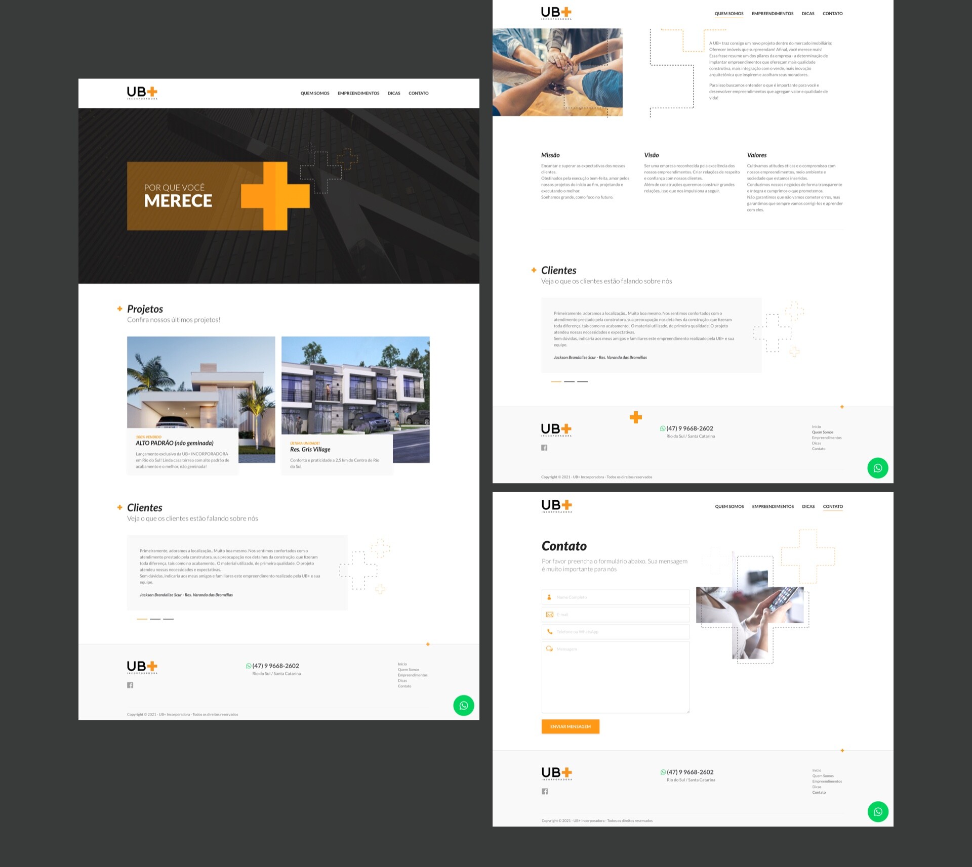 Página inicial, sobre e contato do Projeto de desenvolvimento de site para a empresa UB+ Incorporadora.jpg