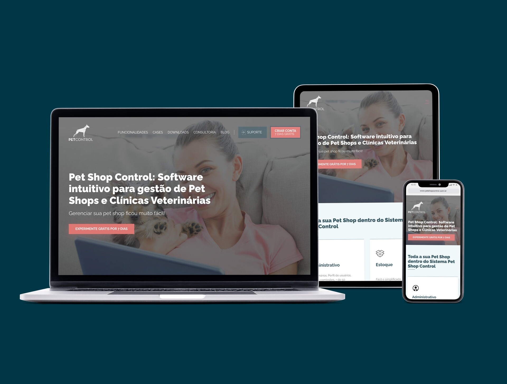 Imagem com o site desenvolvimento para a empresa petshop control no notebook, tablet e smartphone.jpg
