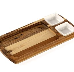 Teak Serving Board for Burger with 2 Bowls