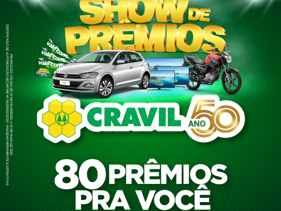 Sorteio do Show de Prêmios Cravil 50 anos ocorre dia 15 de maio