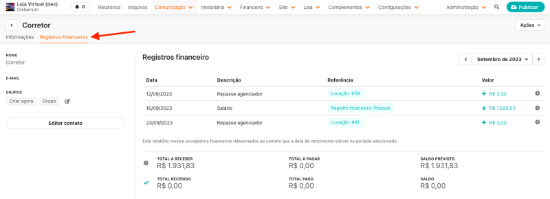 Relatório financeiro por contato - sistema financeiro para imobiliárias