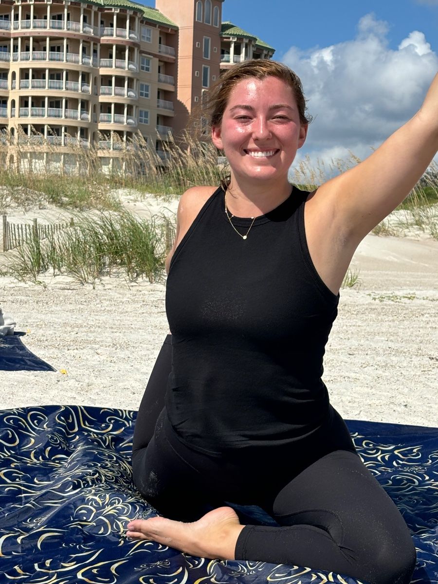 Yoga mats set up at sunrise on the beach