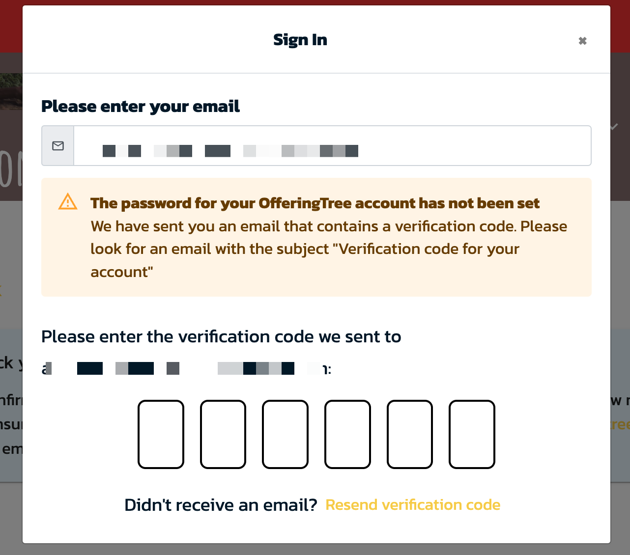 Screenshot of the confirmation code screen where you'll enter the 6 digit code that was emailed to you