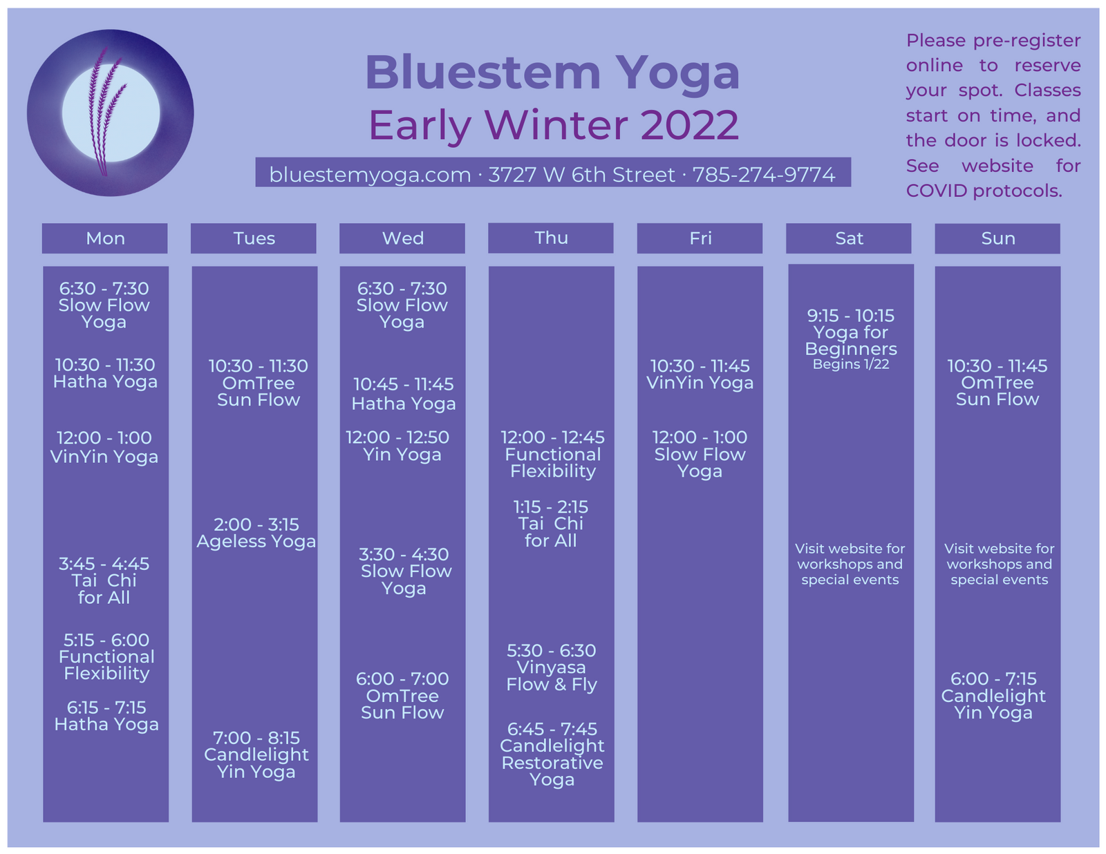 Bluestem Yoga studio schedule Lawrence Kansas