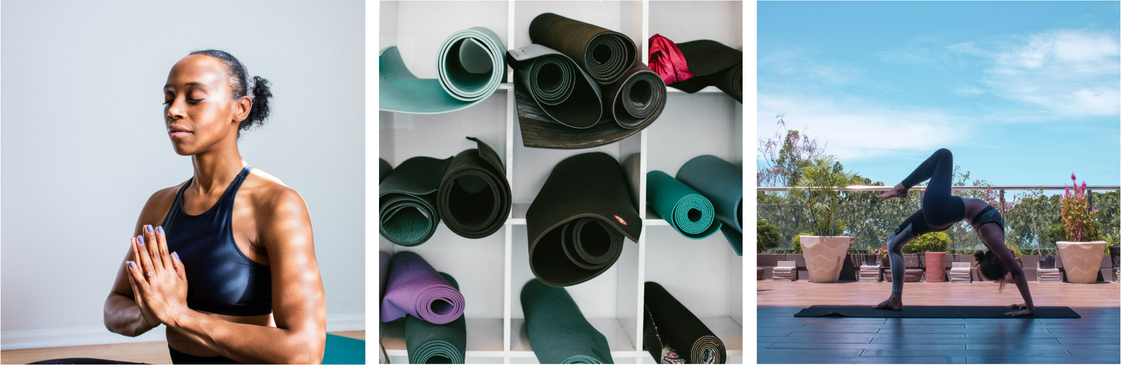 a yog student with prayer hands and yoga mats