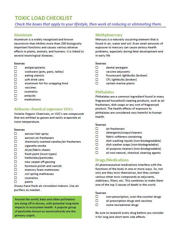Sample page from the Toxic Load Checklist