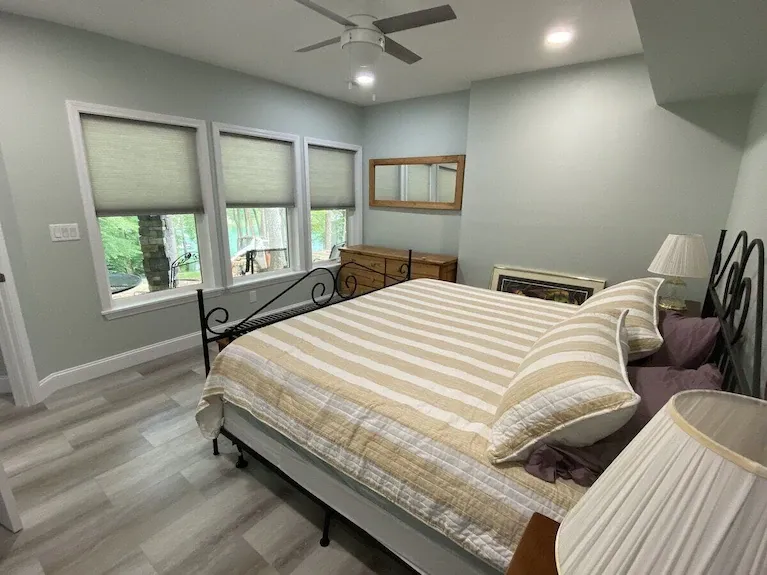 Bedroom at retreat house with views of Norris Lake.