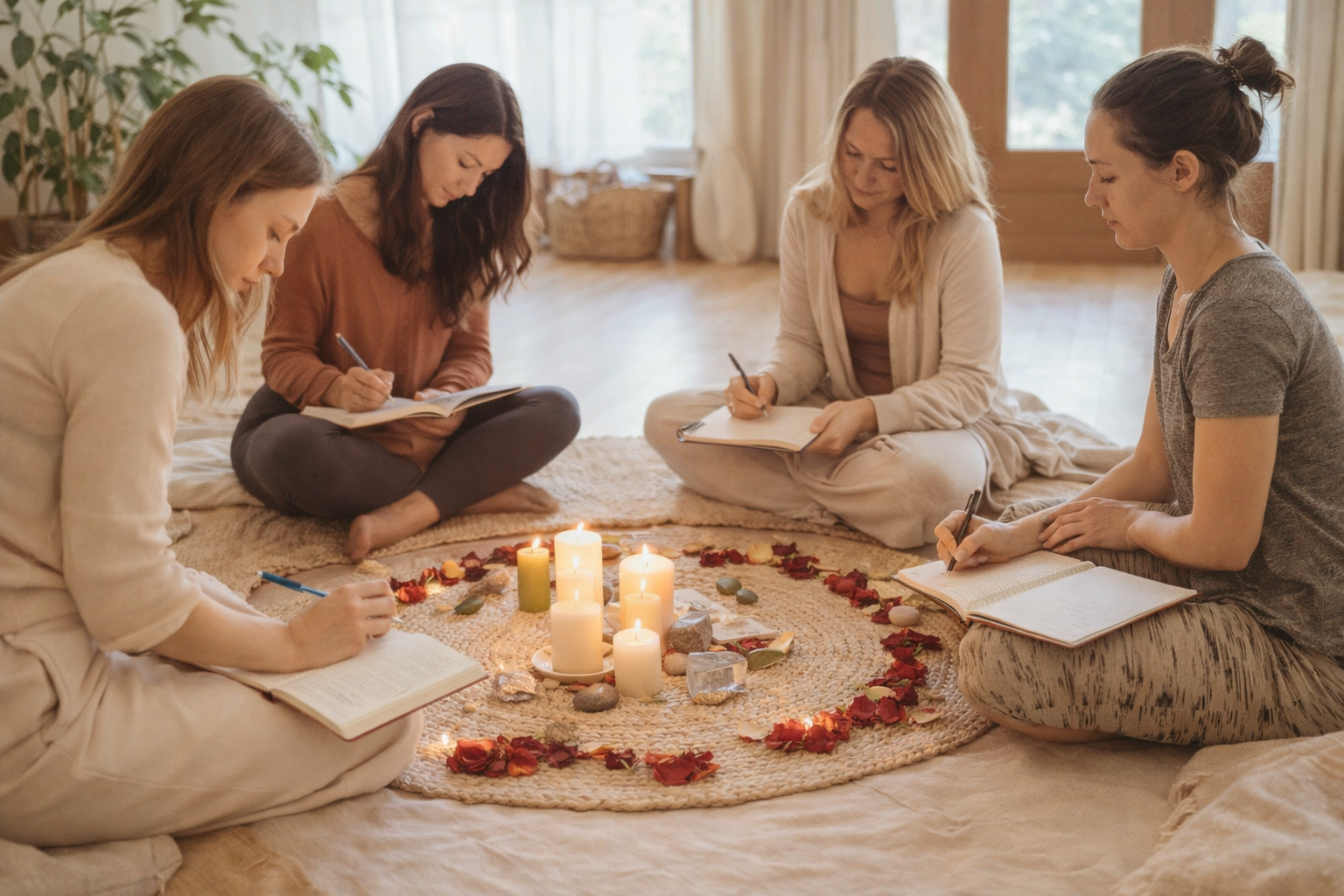 A small circle of women seated on the floor in a softly lit room, writing quietly in journals around candles and natural elements.