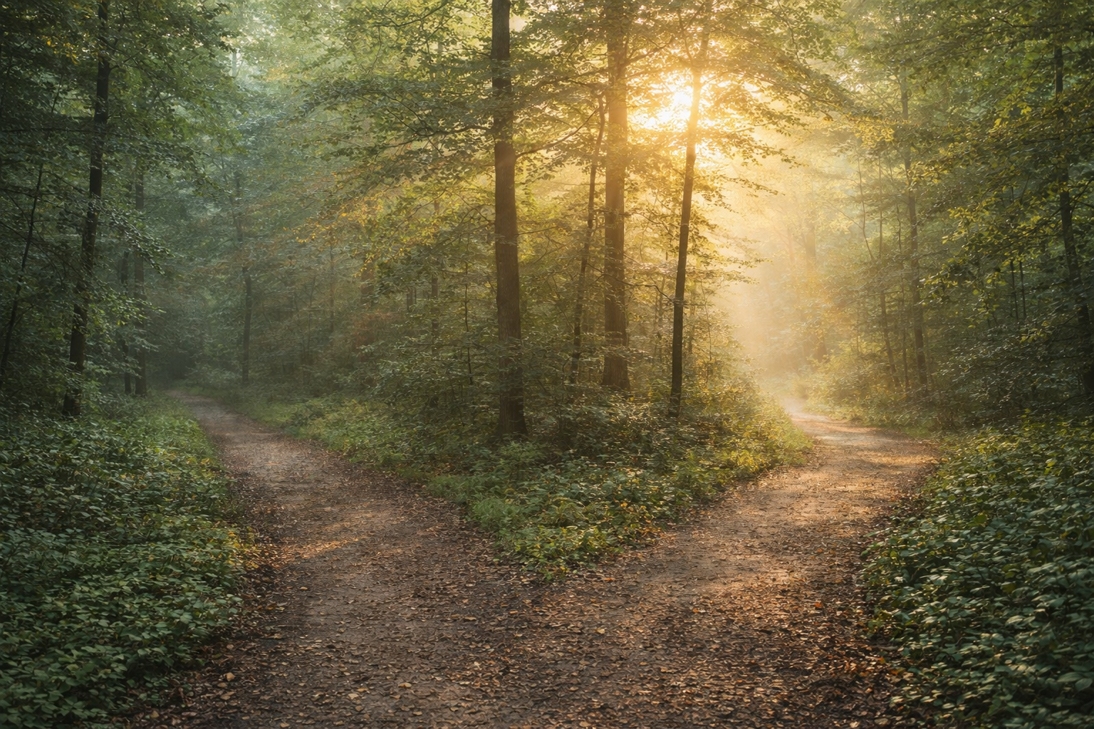 Multiple Paths in the Forest Morning Light on Diverging Forest Paths